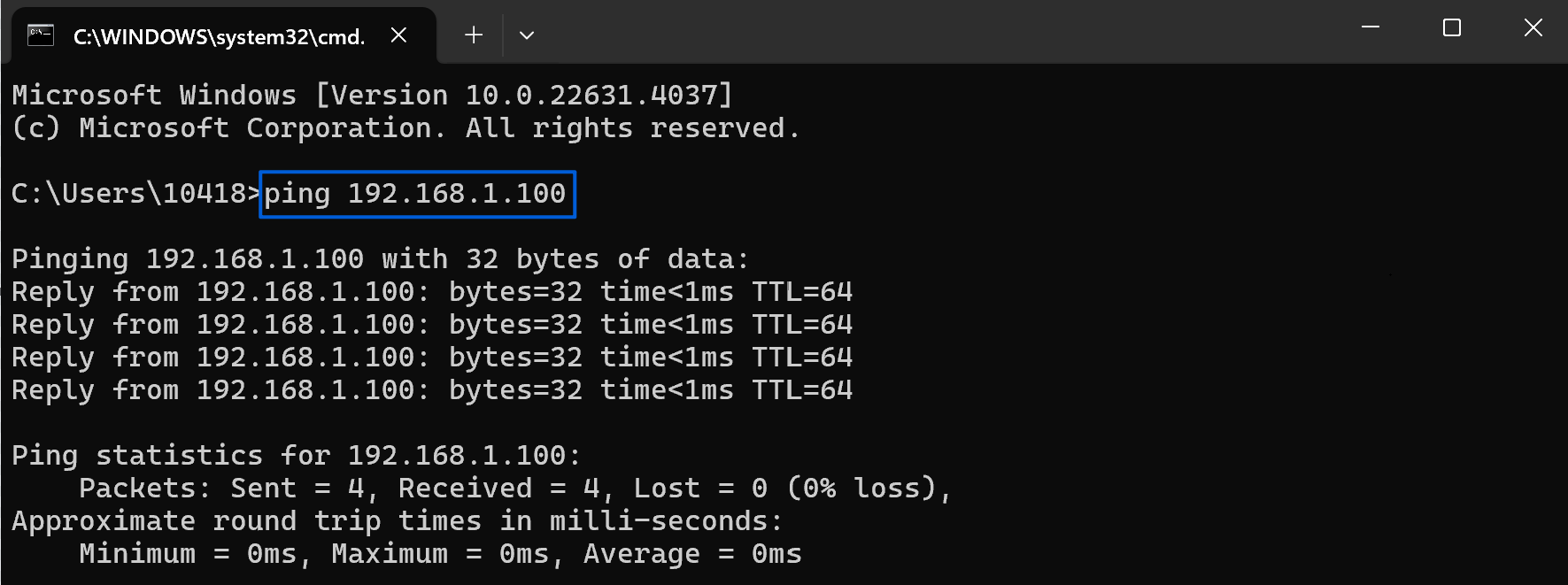 Successful ping test to the R1090 at 192.168.1.100