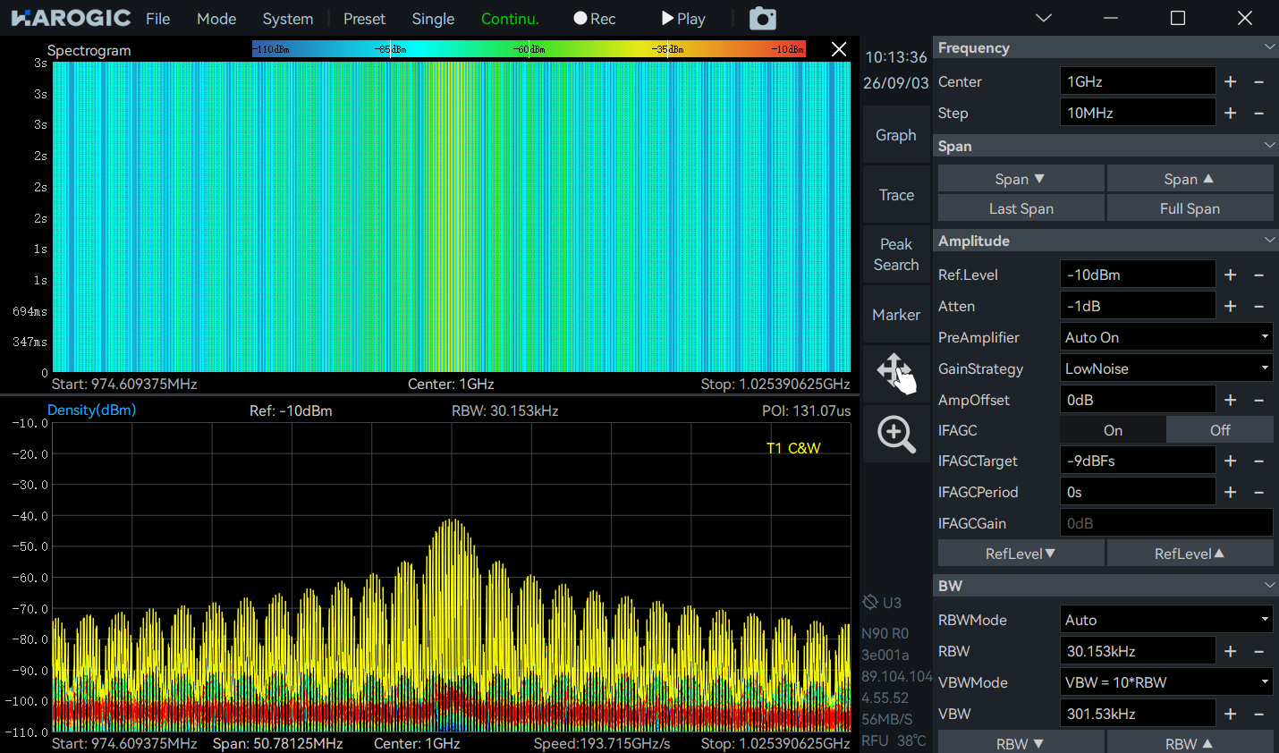 Pulsed signal persistence and waterfall display in SAStudio