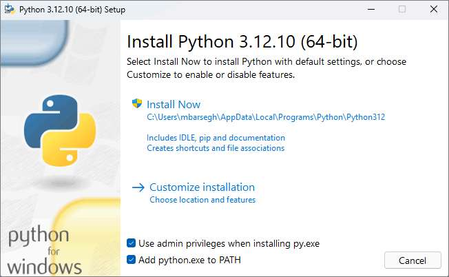 Python 3.12 installer with Add Python to PATH selected