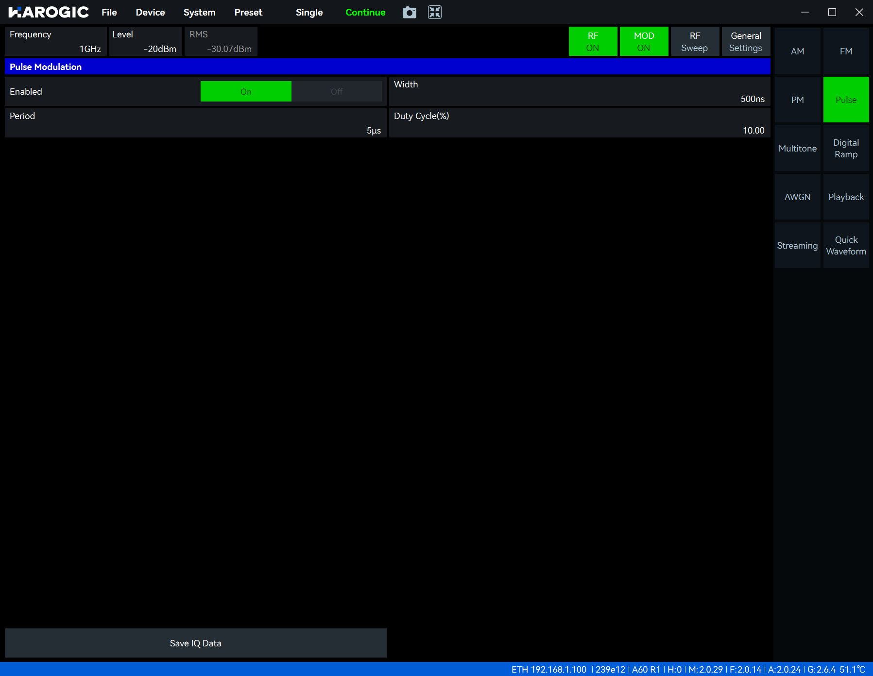 Pulsed signal settings in SGStudio